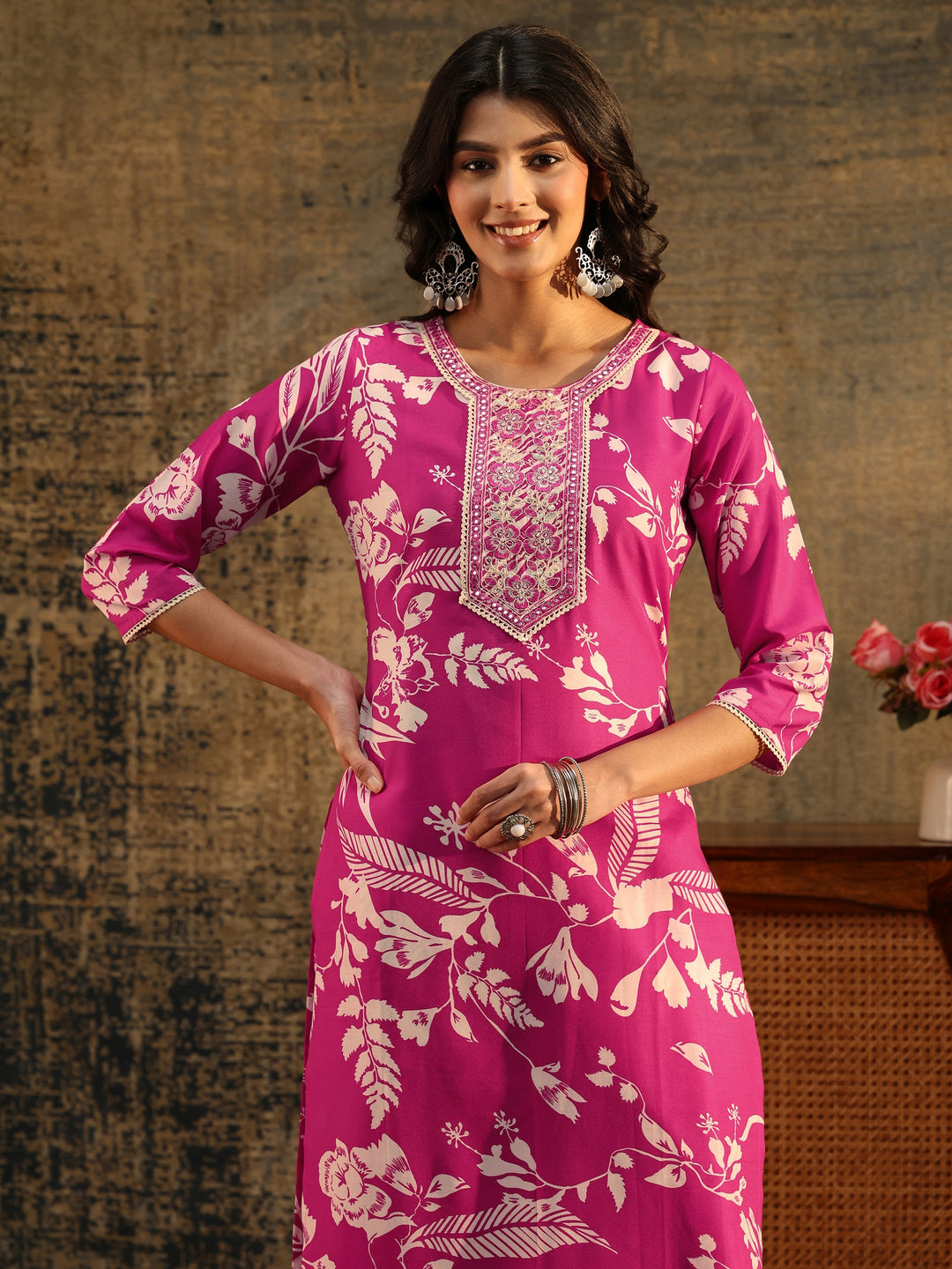  Gerua Rani Pink Floral Printed Cotton Blend Straight Suit Set 