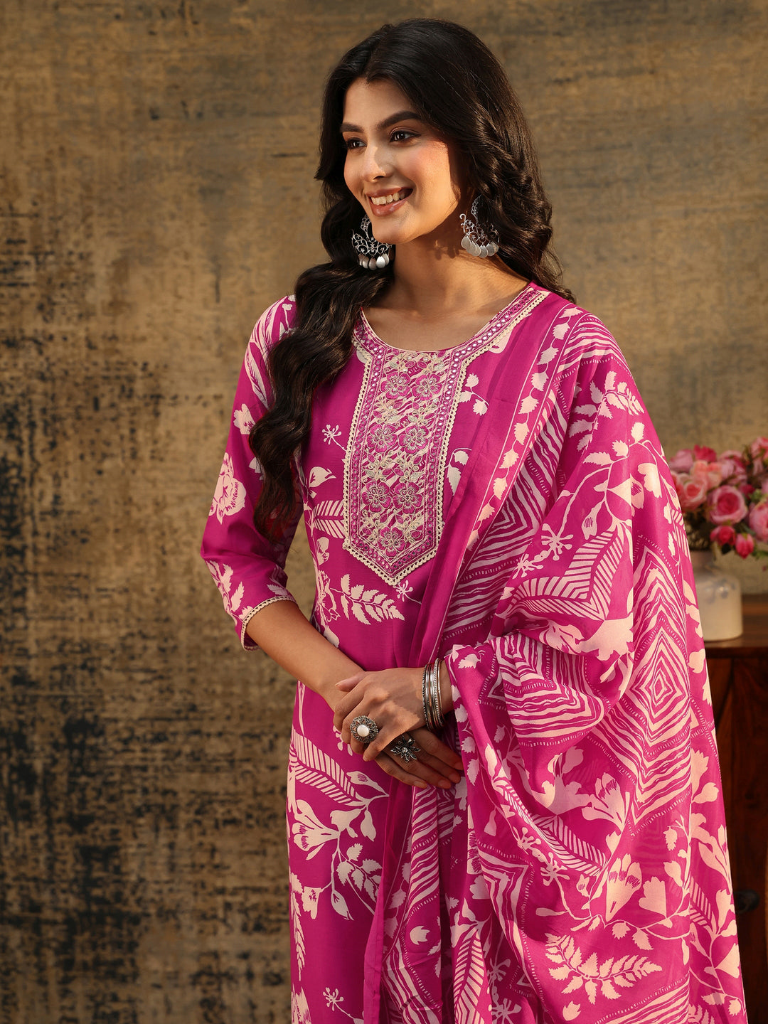  Gerua Rani Pink Floral Printed Cotton Blend Straight Suit Set 
