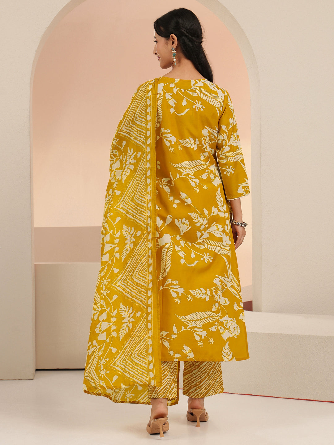  Gerua Mustard Floral Printed Cotton Blend Straight Suit Set 
