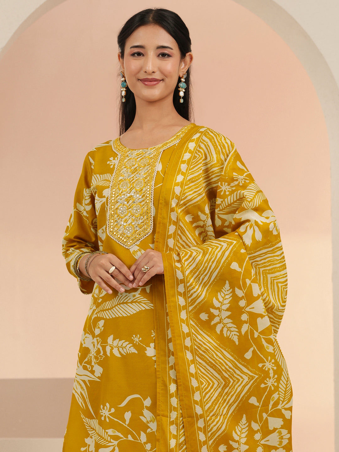  Gerua Mustard Floral Printed Cotton Blend Straight Suit Set 