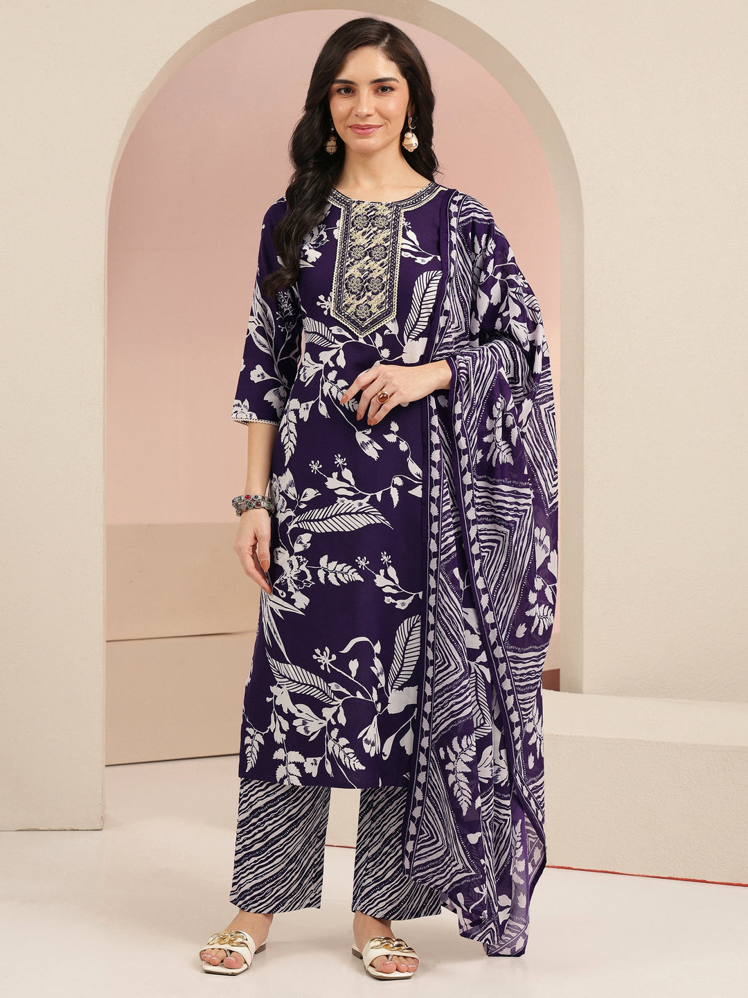  Gerua Plum Purple Floral Printed Cotton Blend Straight Suit Set 