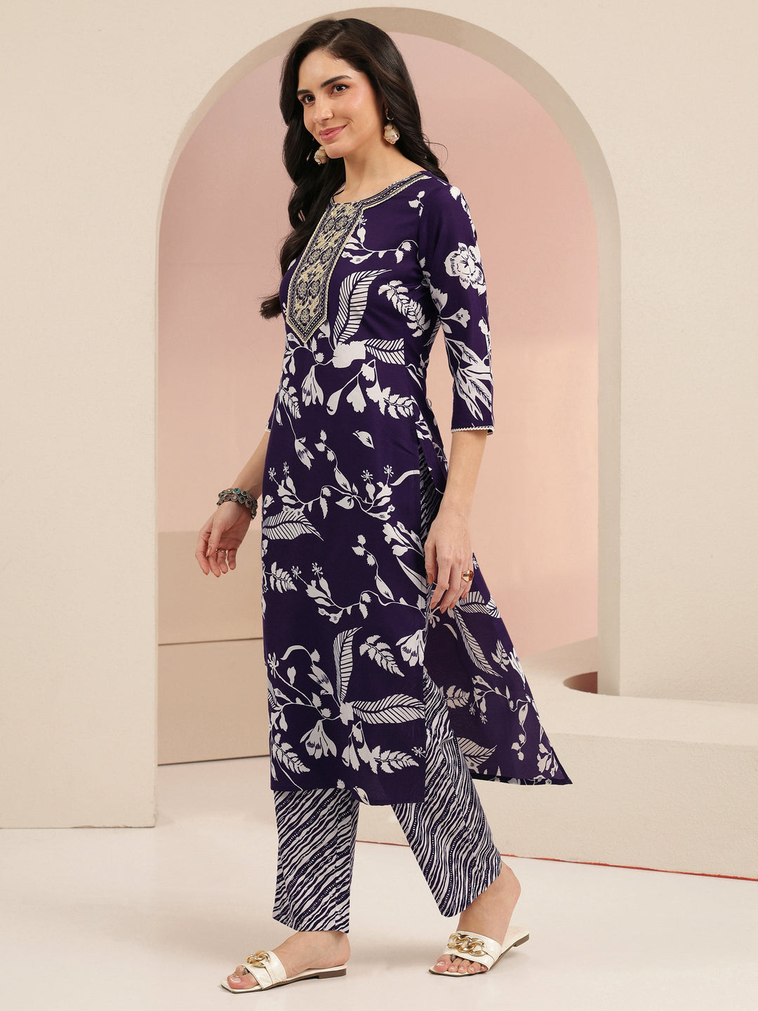  Gerua Plum Purple Floral Printed Cotton Blend Straight Suit Set 