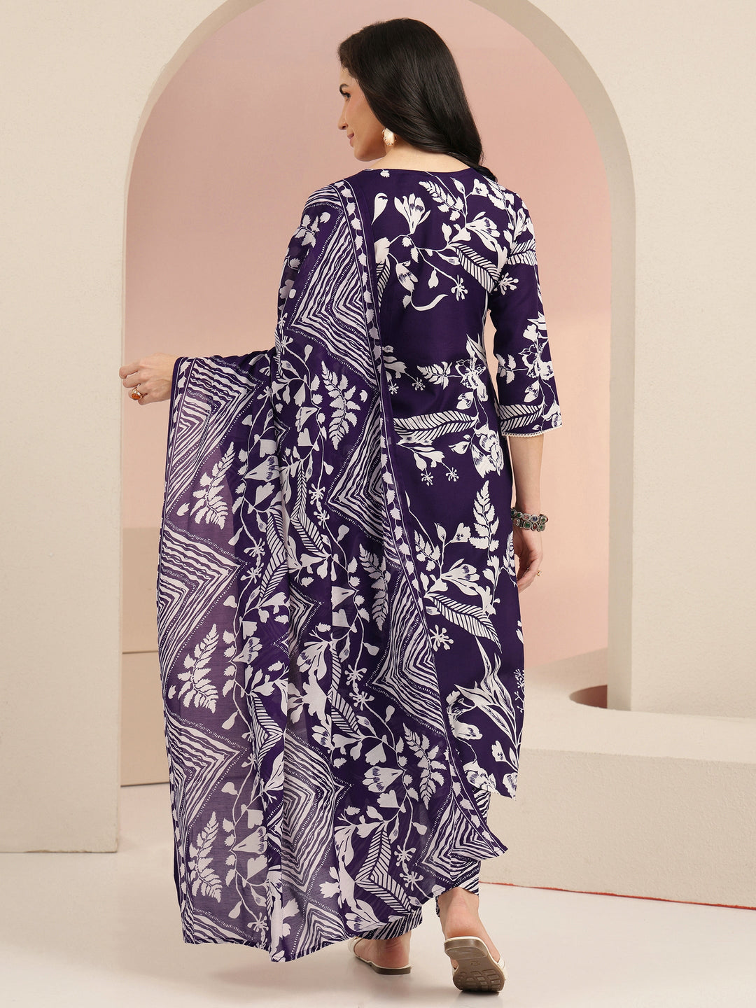  Gerua Plum Purple Floral Printed Cotton Blend Straight Suit Set 