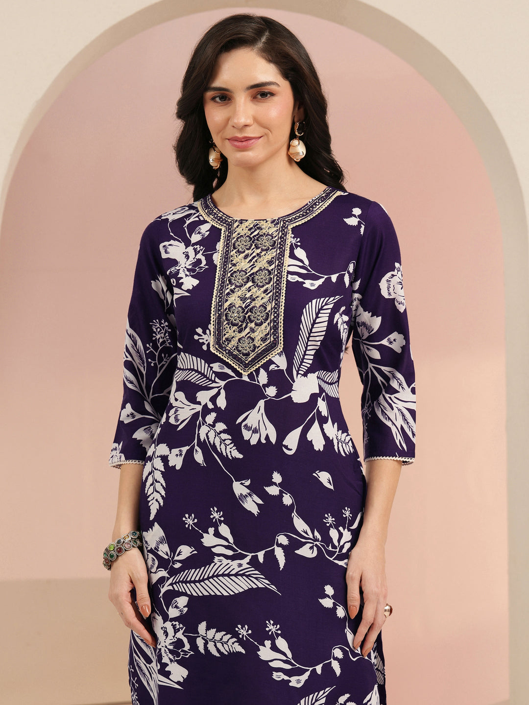  Gerua Plum Purple Floral Printed Cotton Blend Straight Suit Set 