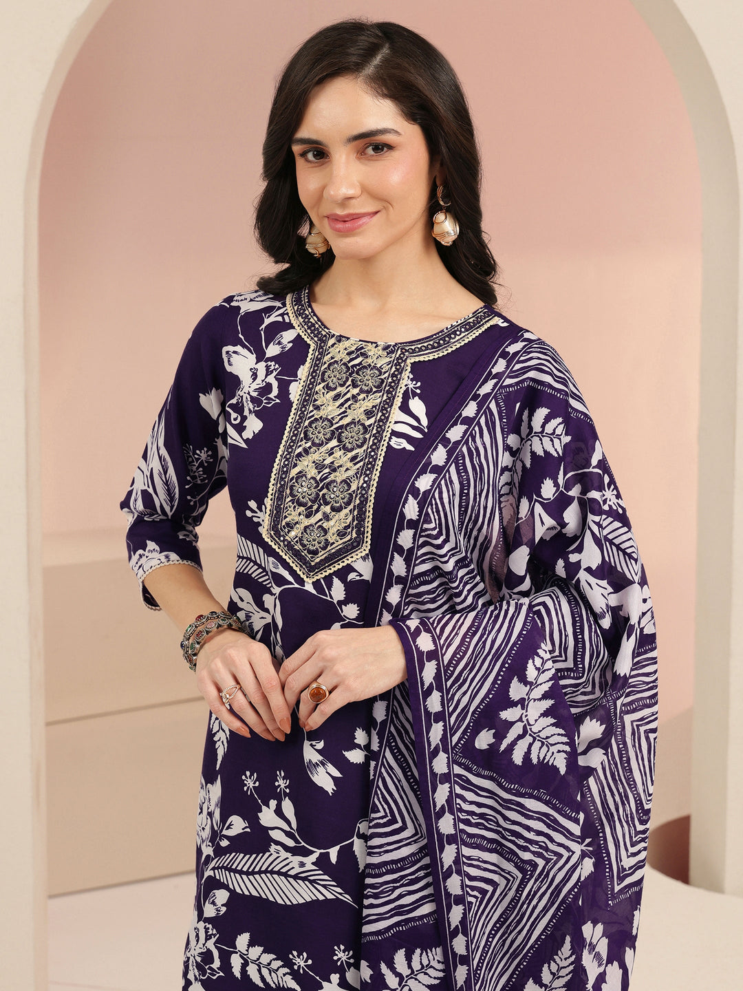  Gerua Plum Purple Floral Printed Cotton Blend Straight Suit Set 