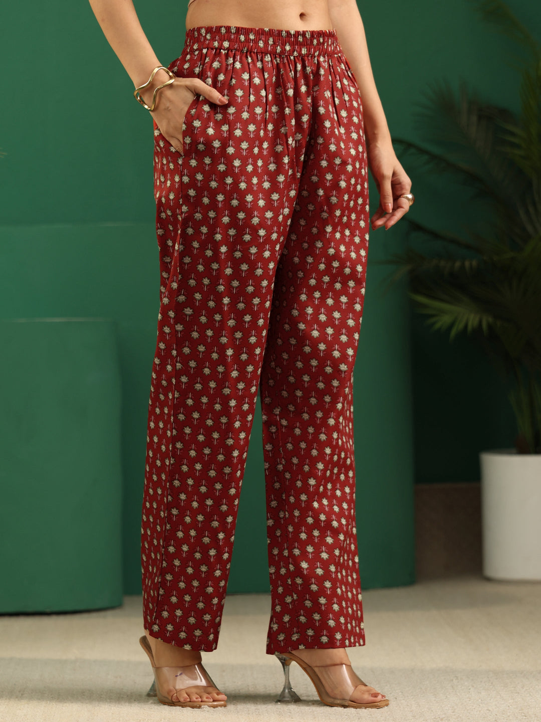  Gerua Crimson Red Floral Printed Cotton Blend A-Line Suit Set 