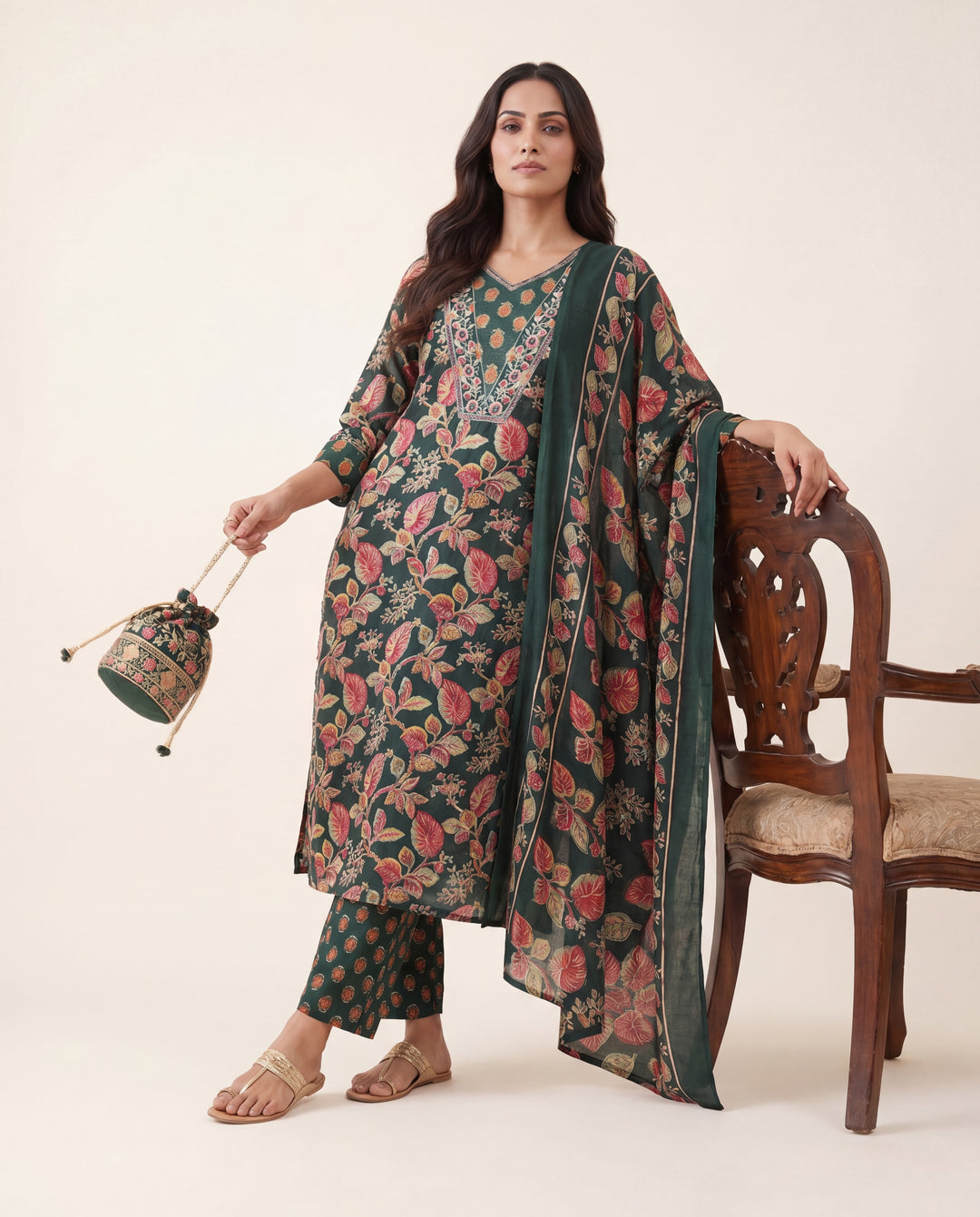Green Floral Printed Cotton Blend Straight Suit Set With Dupatta