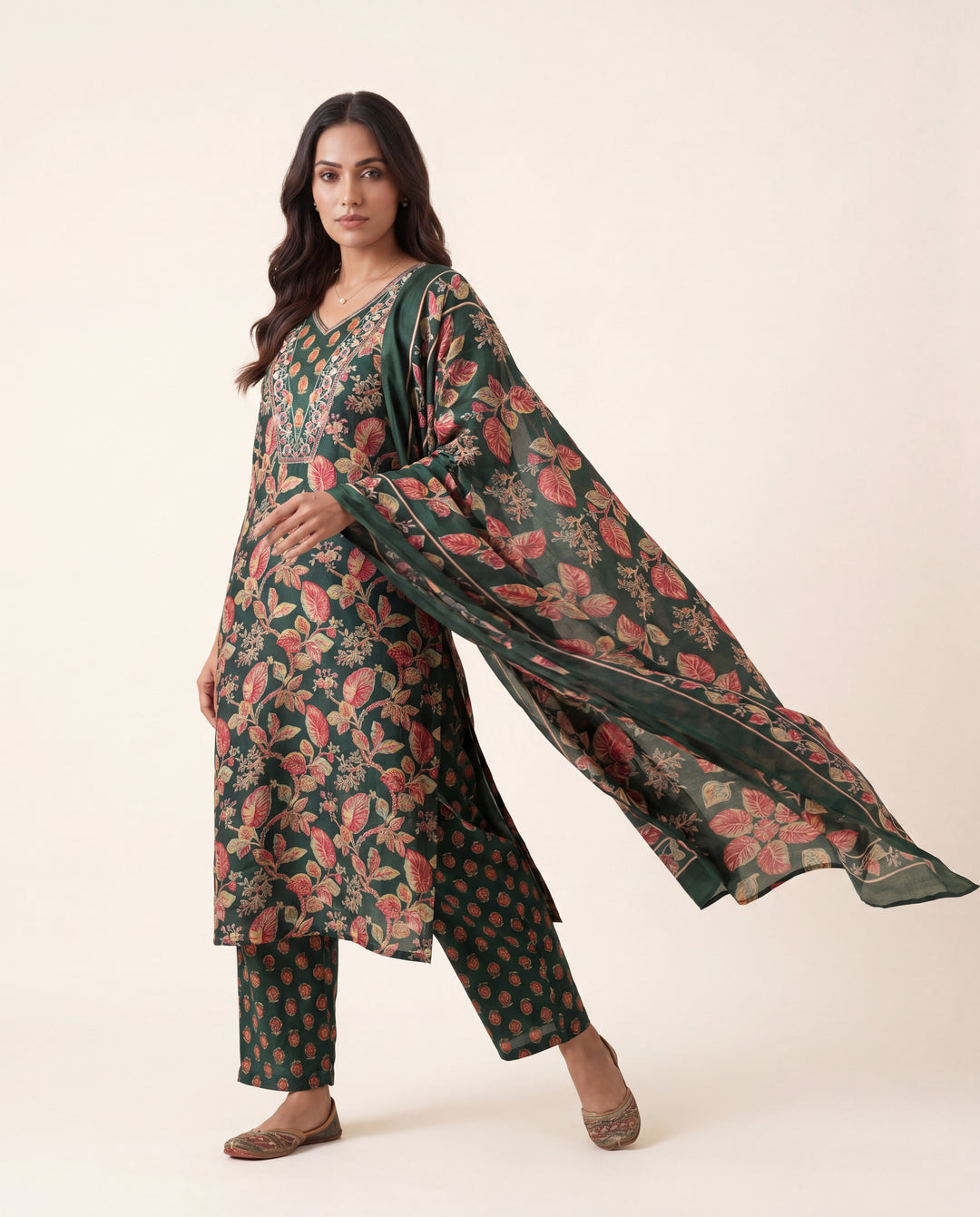  Green Floral Printed Cotton Blend Straight Suit Set With Dupatta 