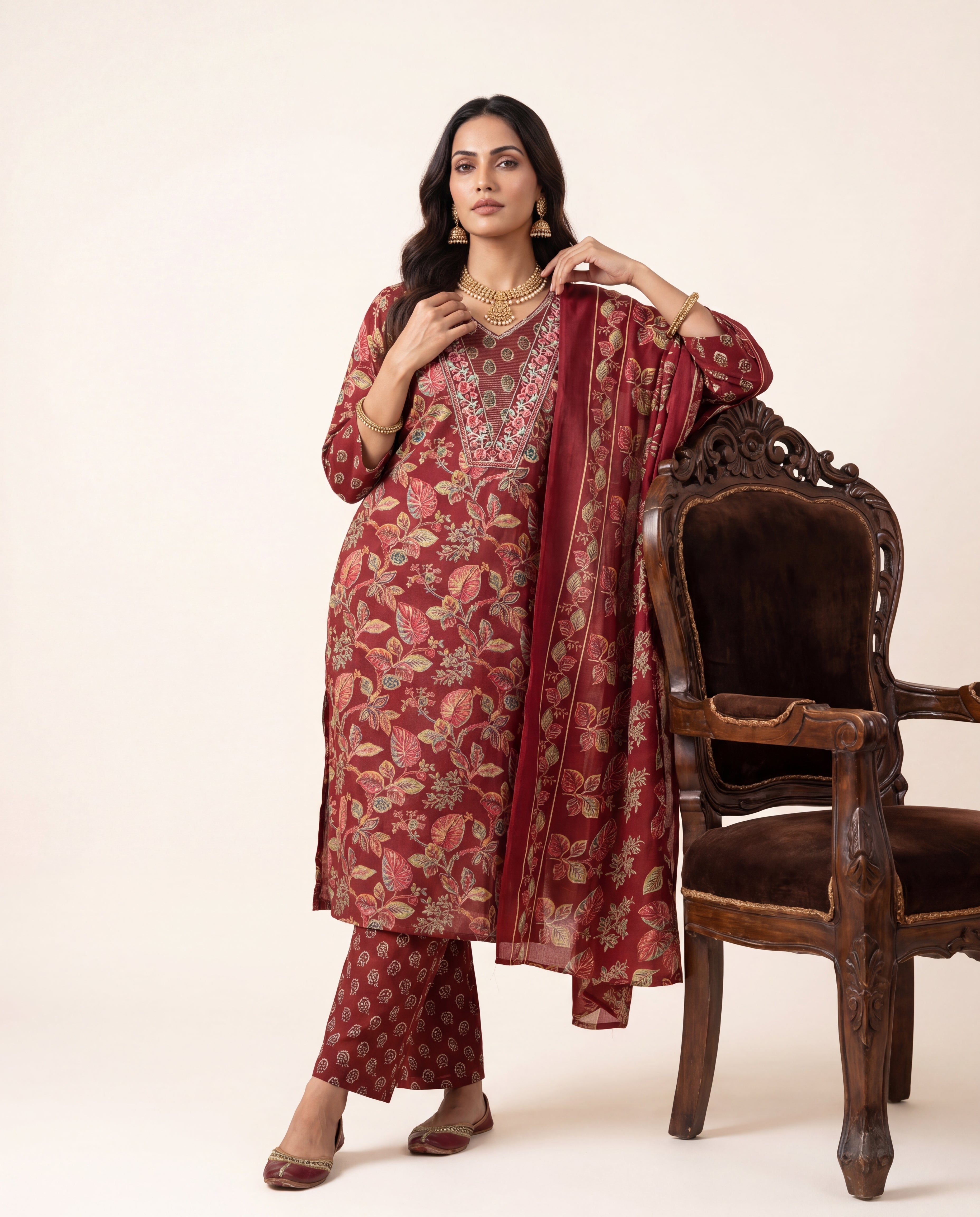 libas Maroon Floral Printed Cotton Blend Straight Suit Set With Dupatta-picture-12