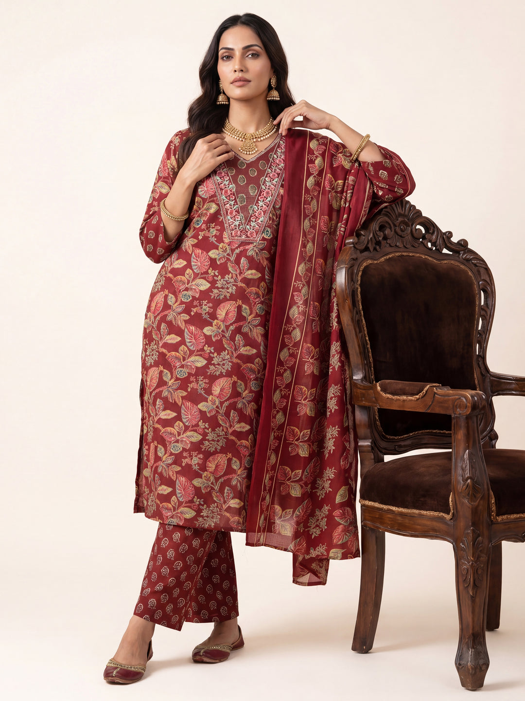  Maroon Floral Printed Cotton Blend Straight Suit Set With Dupatta 