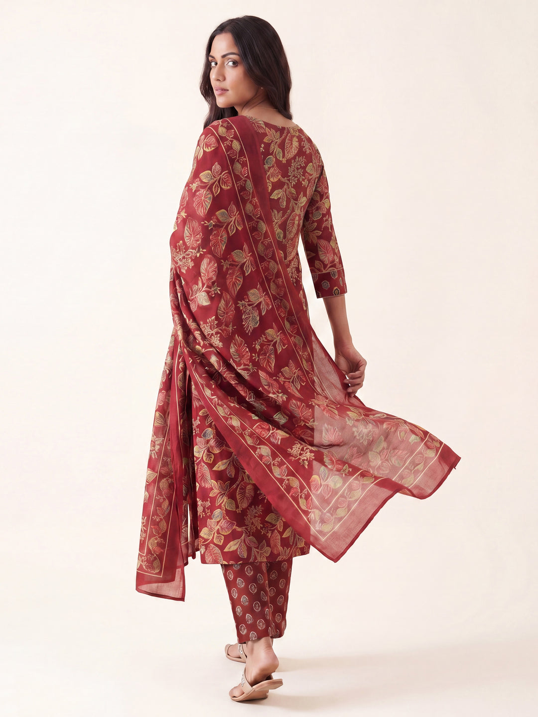  Maroon Floral Printed Cotton Blend Straight Suit Set With Dupatta 