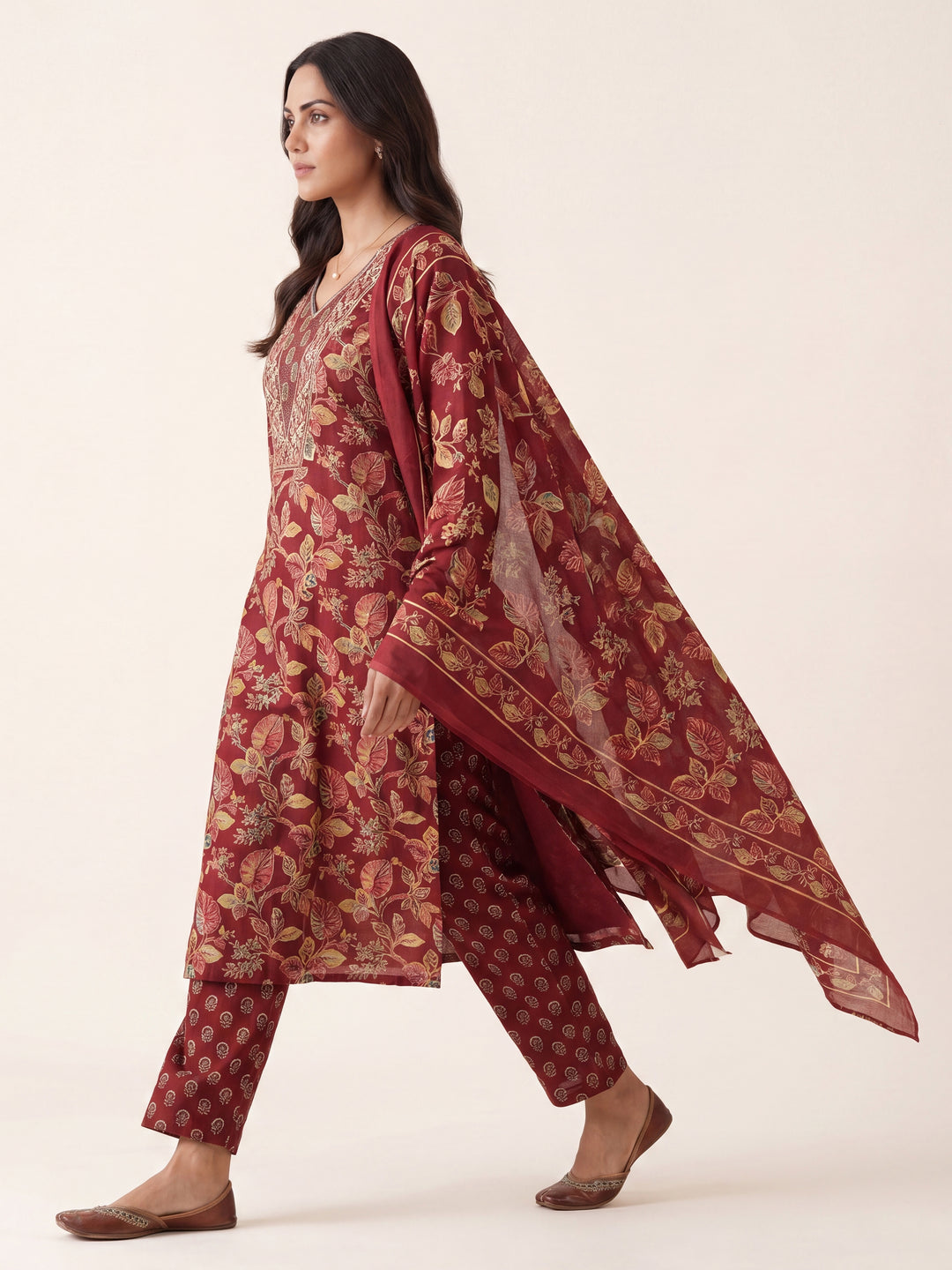  Maroon Floral Printed Cotton Blend Straight Suit Set With Dupatta 