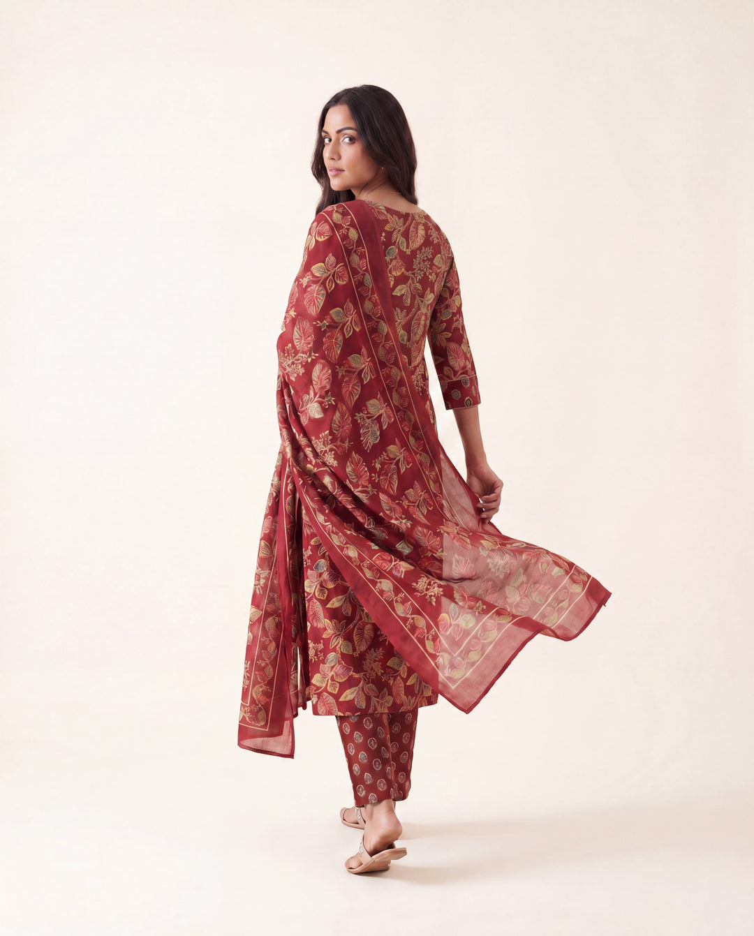  Maroon Floral Printed Cotton Blend Straight Suit Set With Dupatta 