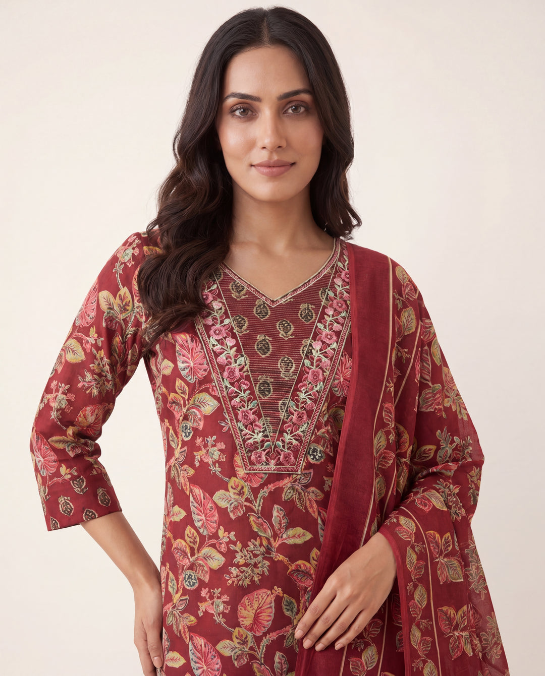  Maroon Floral Printed Cotton Blend Straight Suit Set With Dupatta 