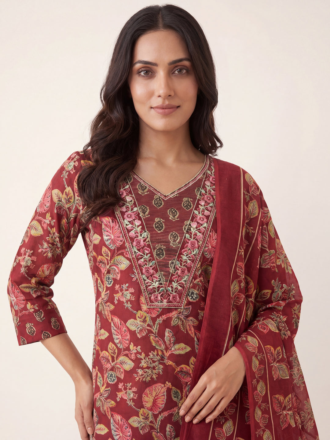  Maroon Floral Printed Cotton Blend Straight Suit Set With Dupatta 