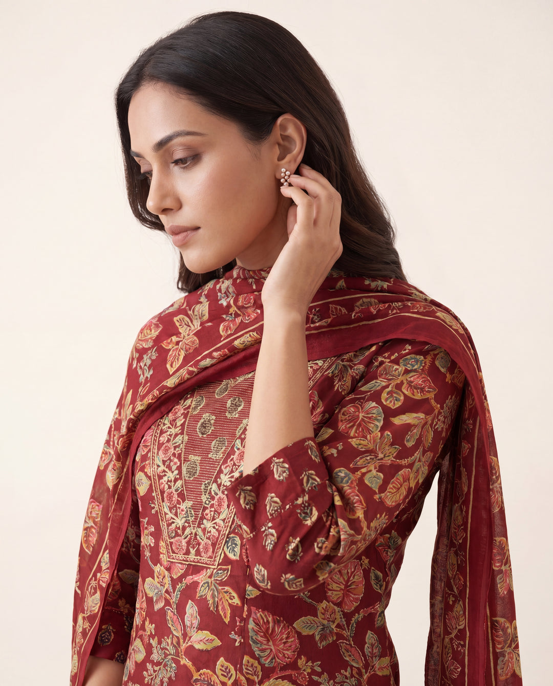  Maroon Floral Printed Cotton Blend Straight Suit Set With Dupatta 