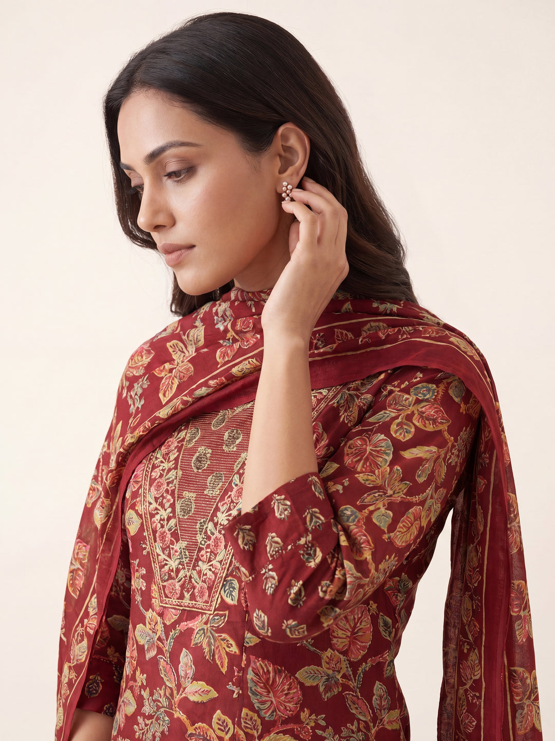  Maroon Floral Printed Cotton Blend Straight Suit Set With Dupatta 