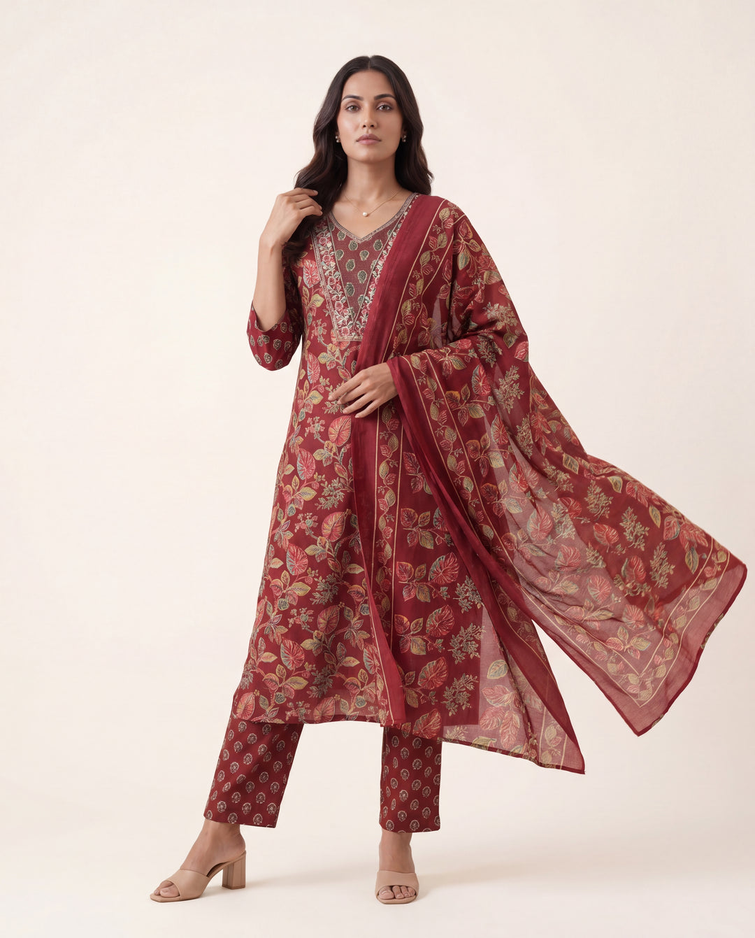 Maroon Floral Printed Cotton Blend Straight Suit Set With Dupatta