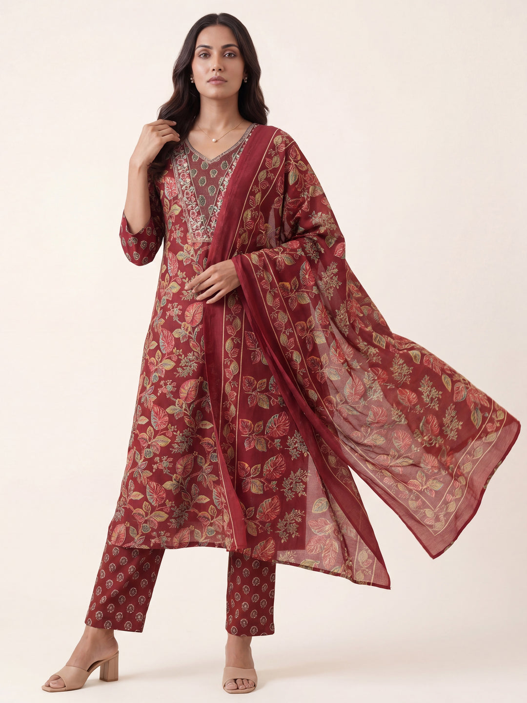  Maroon Floral Printed Cotton Blend Straight Suit Set With Dupatta 