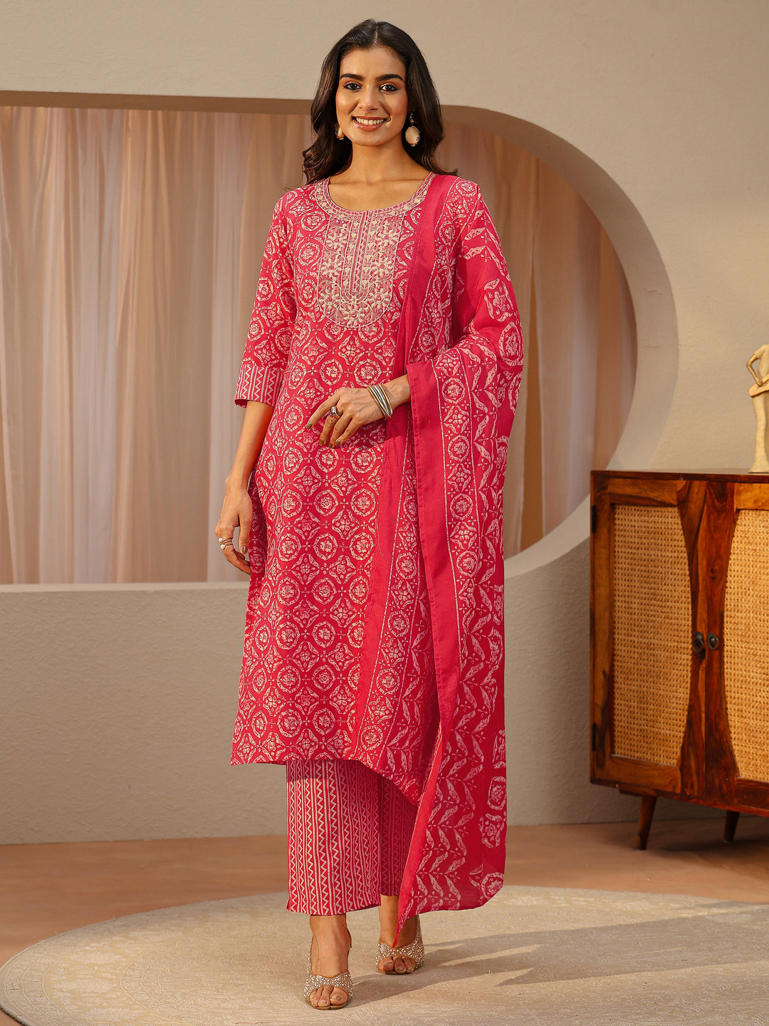 Red Ethnic Motifs Printed Cotton Blend Straight Suit Set With Dupatta 