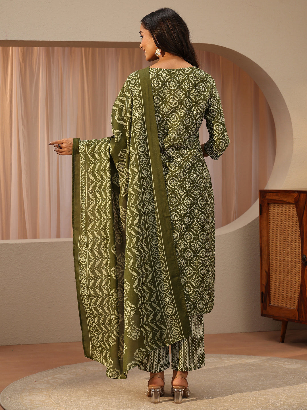  Green Ethnic Motifs Printed Cotton Blend Straight Suit Set With Dupatta 