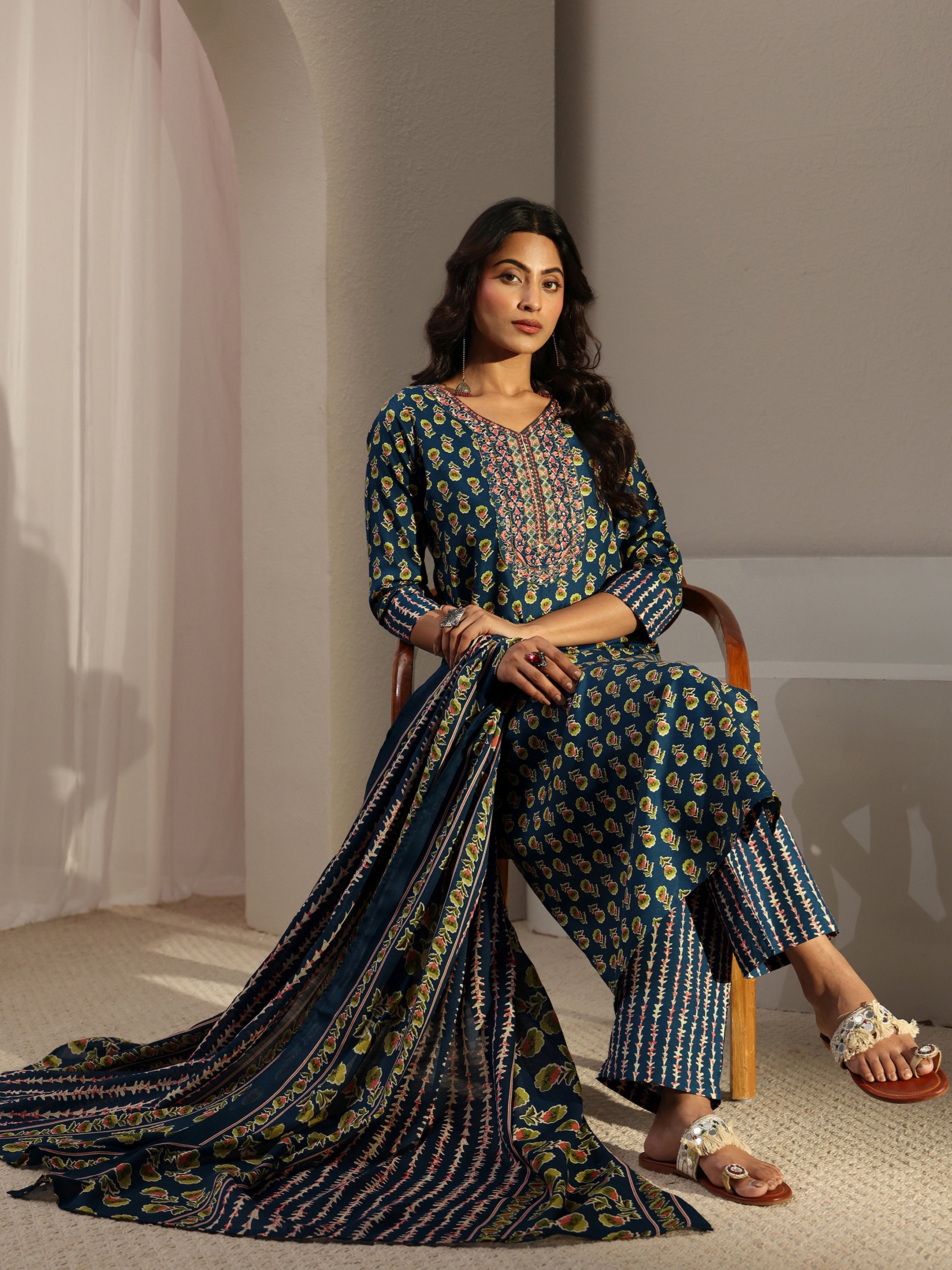 libas Blue Floral Printed Cotton Blend Straight Suit Set With Dupatta-picture-25