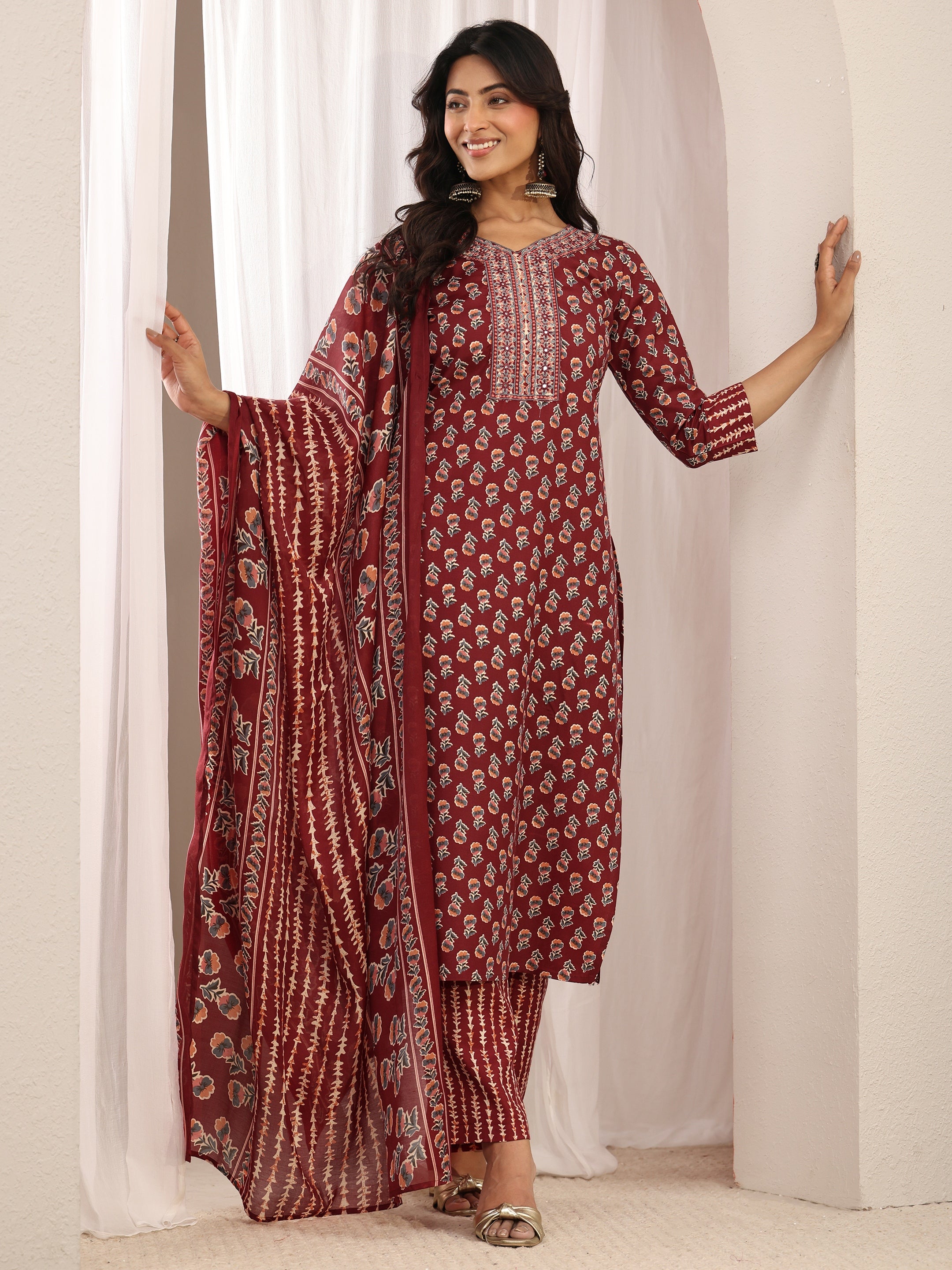 libas Maroon Floral Printed Cotton Blend Straight Suit Set With Dupatta-picture-16