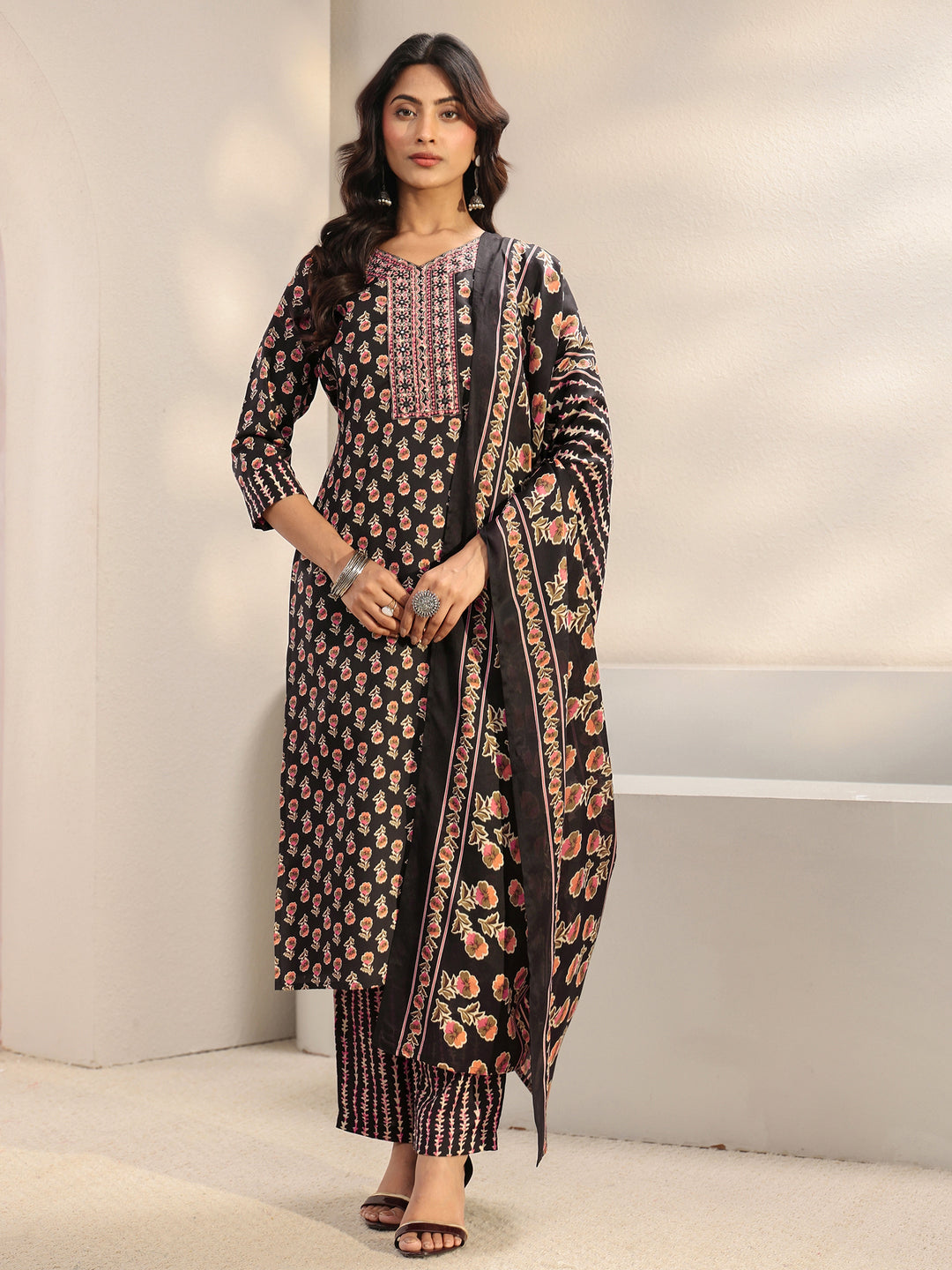  Black Floral Printed Cotton Blend Straight Suit Set With Dupatta 