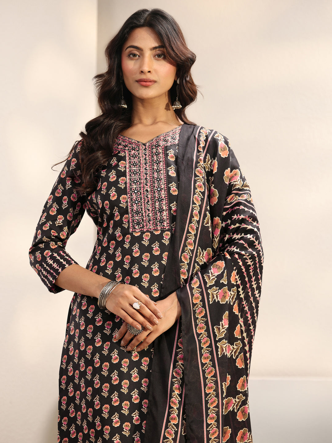  Black Floral Printed Cotton Blend Straight Suit Set With Dupatta 