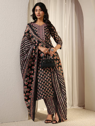 Black Floral Printed Cotton Blend Straight Suit Set With Dupatta