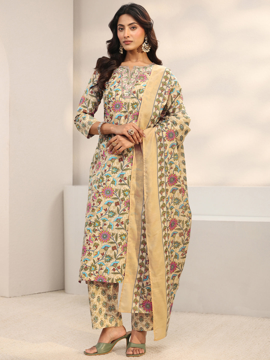  Beige Floral Printed Cotton Blend Straight Suit Set With Dupatta 