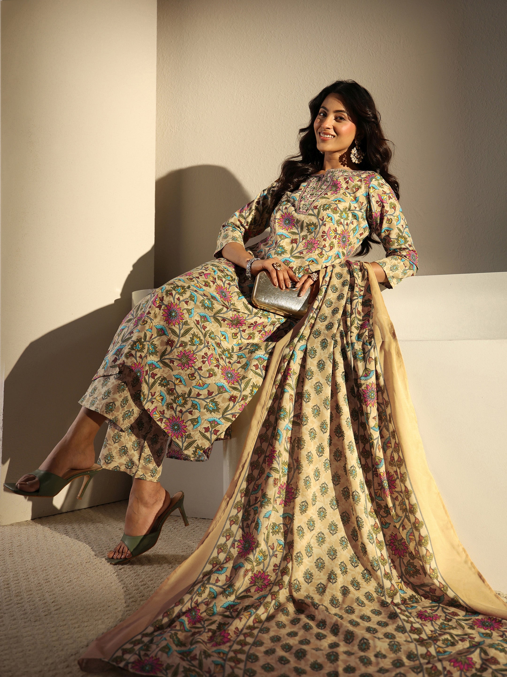 libas Beige Floral Printed Cotton Blend Straight Suit Set With Dupatta-picture-40