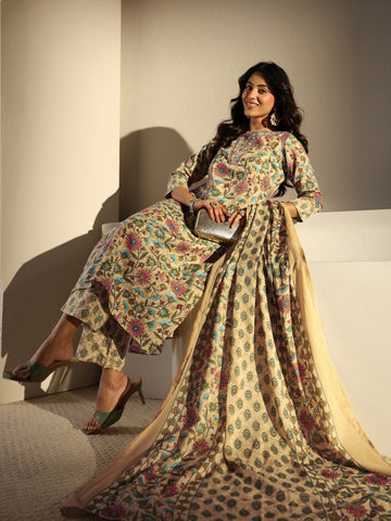 Beige Floral Printed Cotton Blend Straight Suit Set With Dupatta