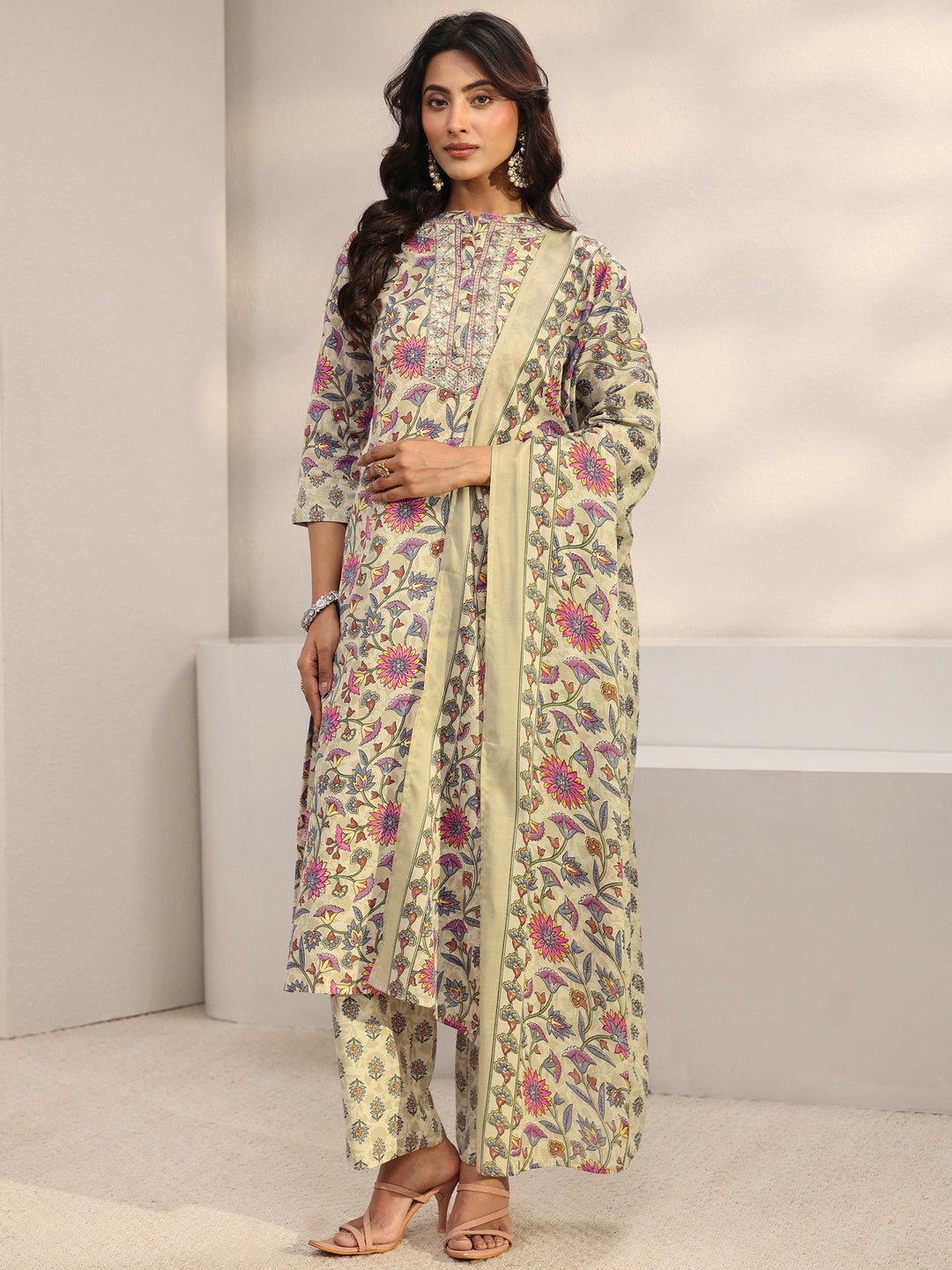  Beige Floral Printed Cotton Blend Straight Suit Set With Dupatta 