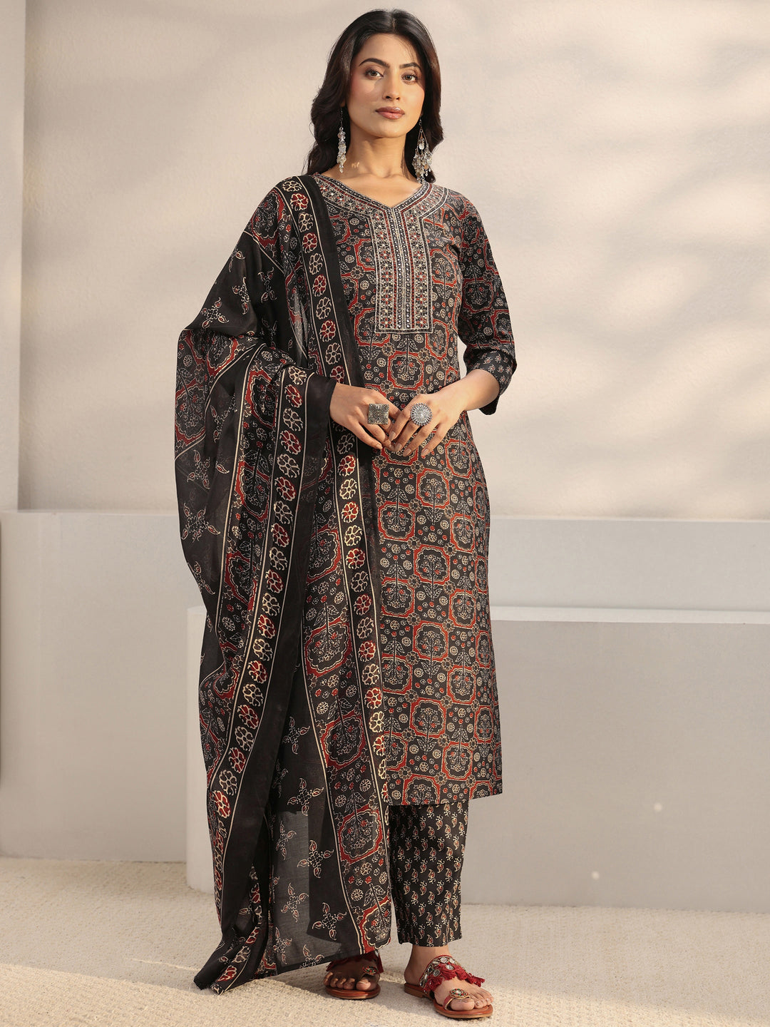  Black Ethnic Printed Cotton Blend Straight Suit Set With Dupatta 