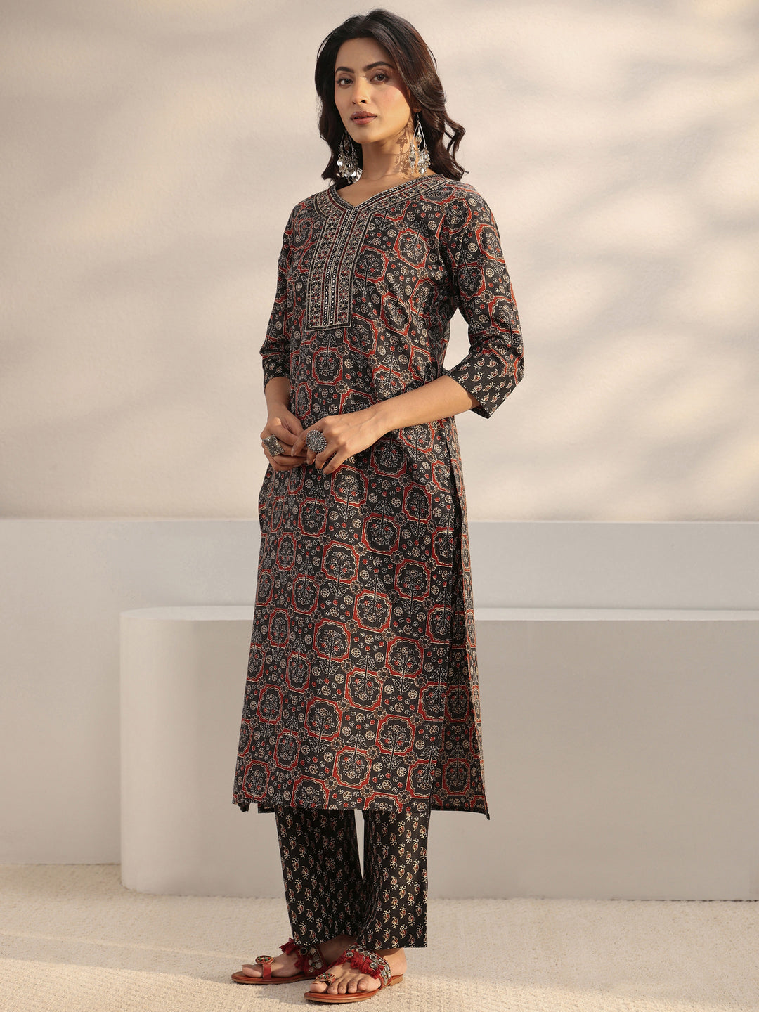  Black Ethnic Printed Cotton Blend Straight Suit Set With Dupatta 