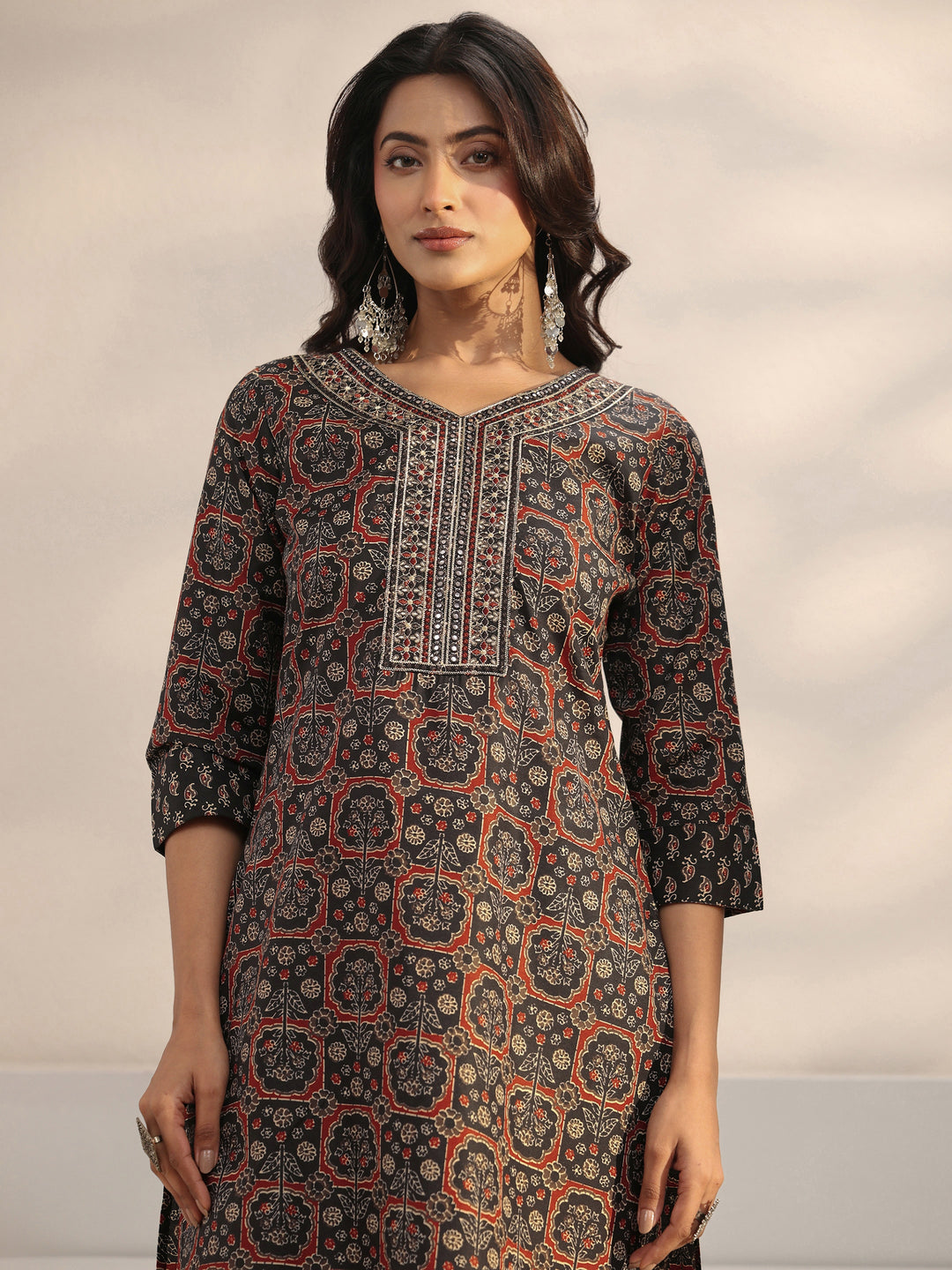  Black Ethnic Printed Cotton Blend Straight Suit Set With Dupatta 