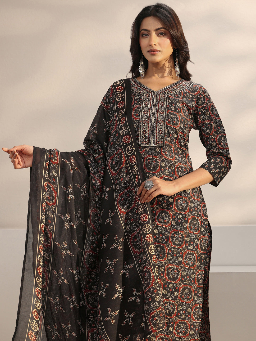  Black Ethnic Printed Cotton Blend Straight Suit Set With Dupatta 