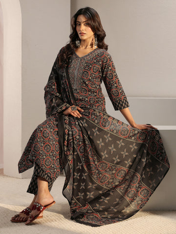 Black Ethnic Printed Cotton Blend Straight Suit Set With Dupatta