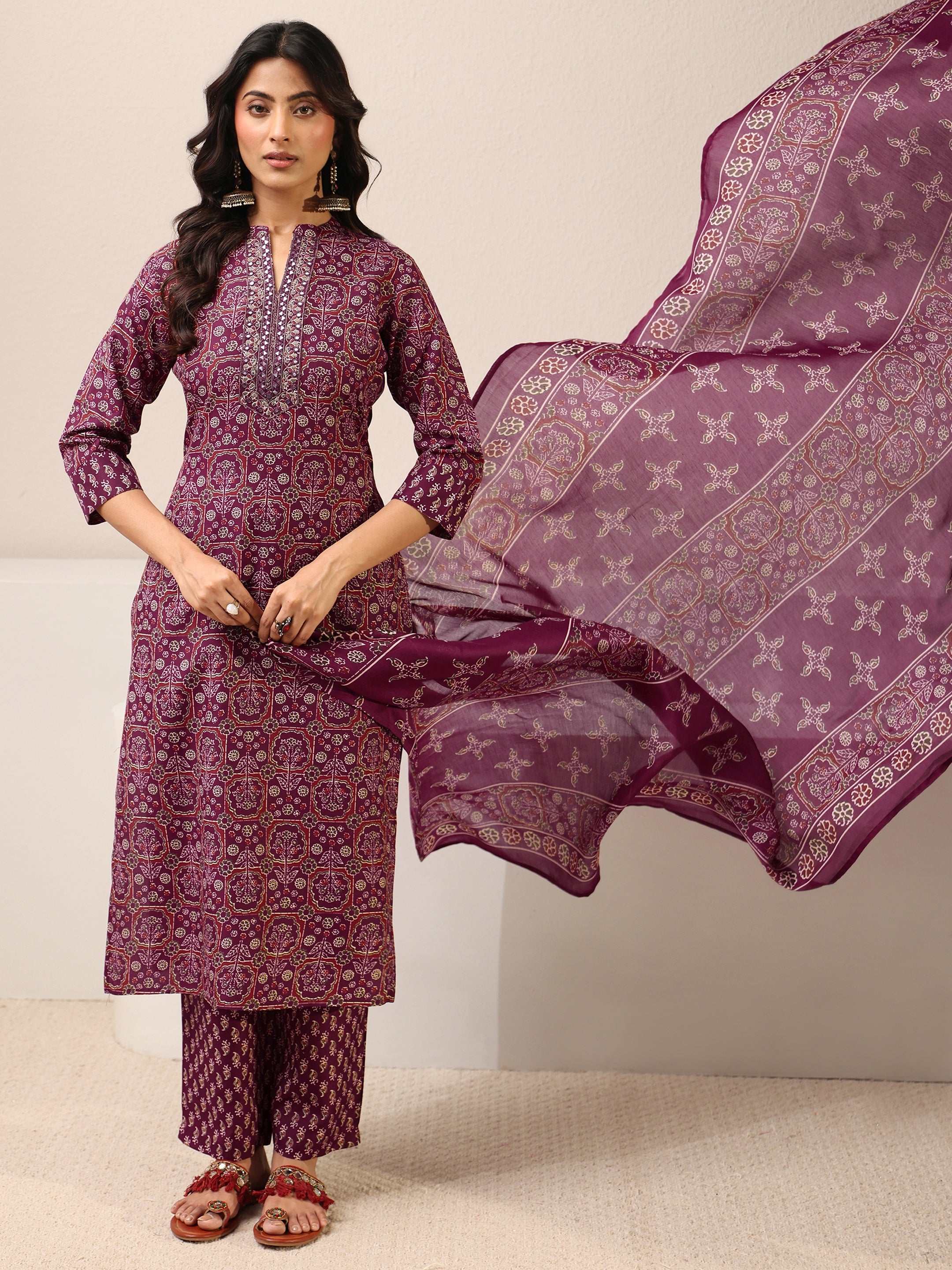 libas Maroon Ethnic Printed Cotton Blend Straight Suit Set With Dupatta-picture-17