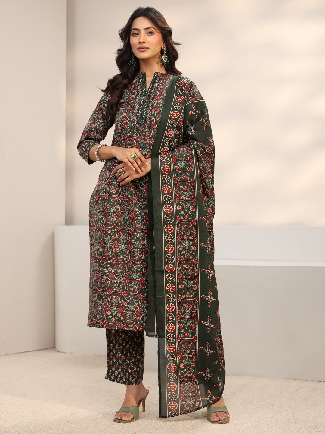 Green Ethnic Printed Cotton Blend Straight Suit Set With Dupatta 