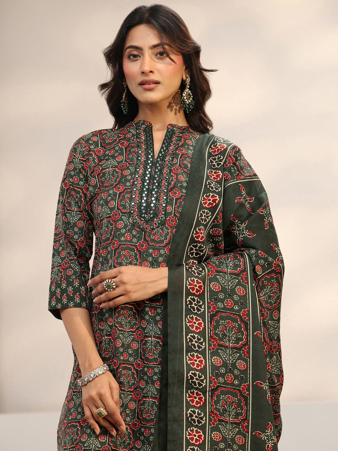  Green Ethnic Printed Cotton Blend Straight Suit Set With Dupatta 