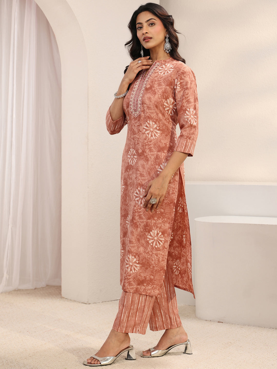  Pink Yoke Embellished Cotton Blend Straight Suit Set 