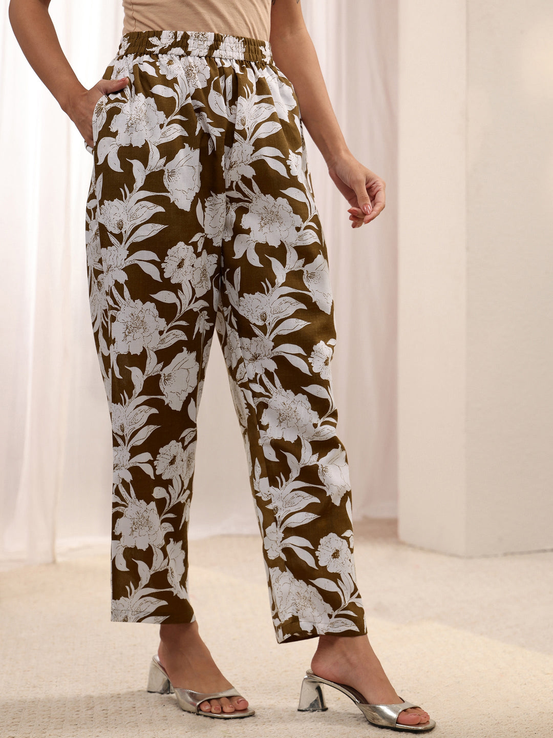  Brown Floral Printed Cotton Blend Co-Ord Set 