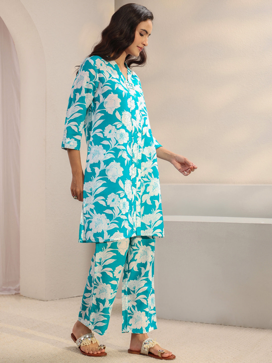  Blue Floral Printed Cotton Blend Co-Ord Set 
