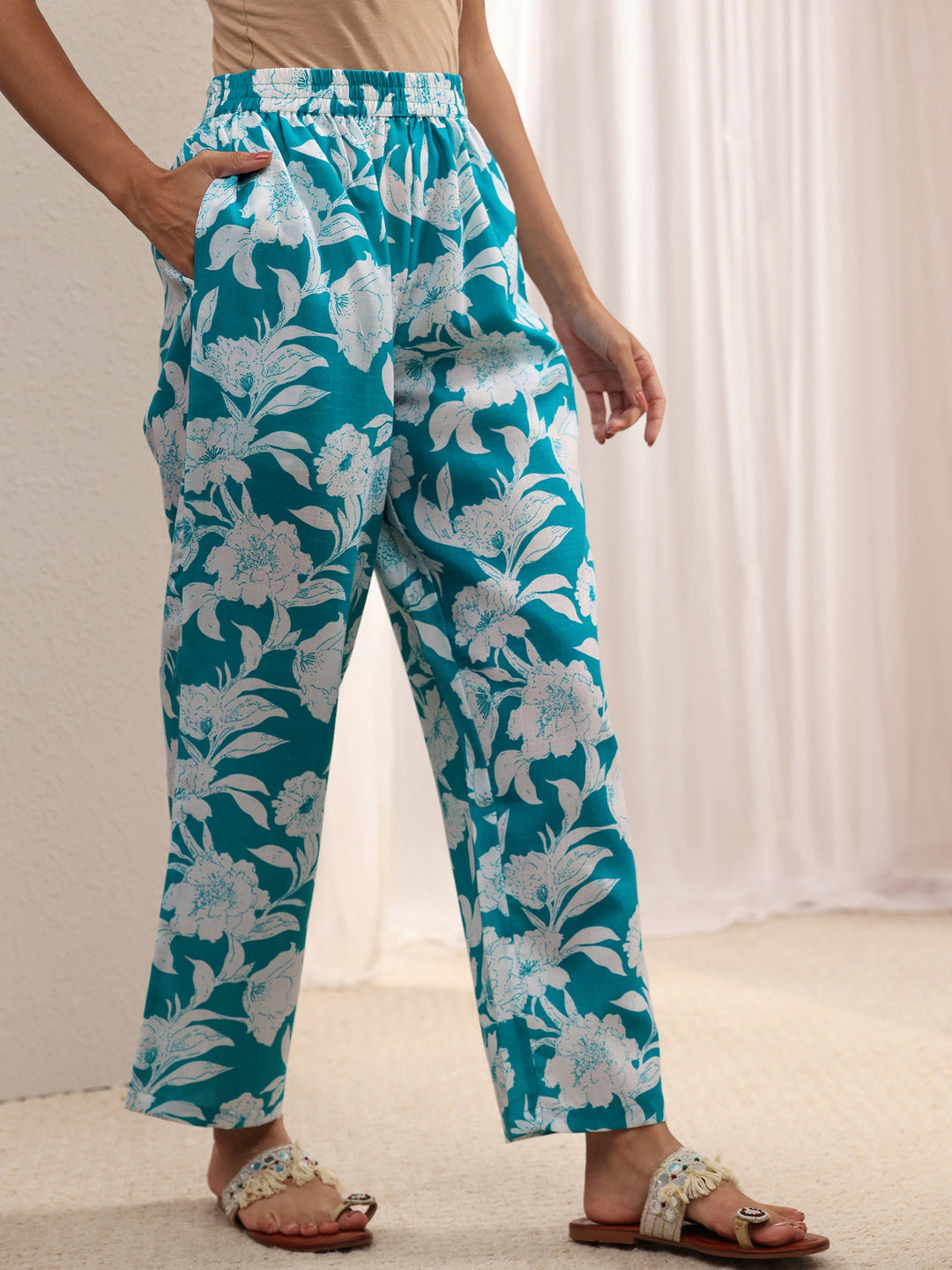  Blue Floral Printed Cotton Blend Co-Ord Set 