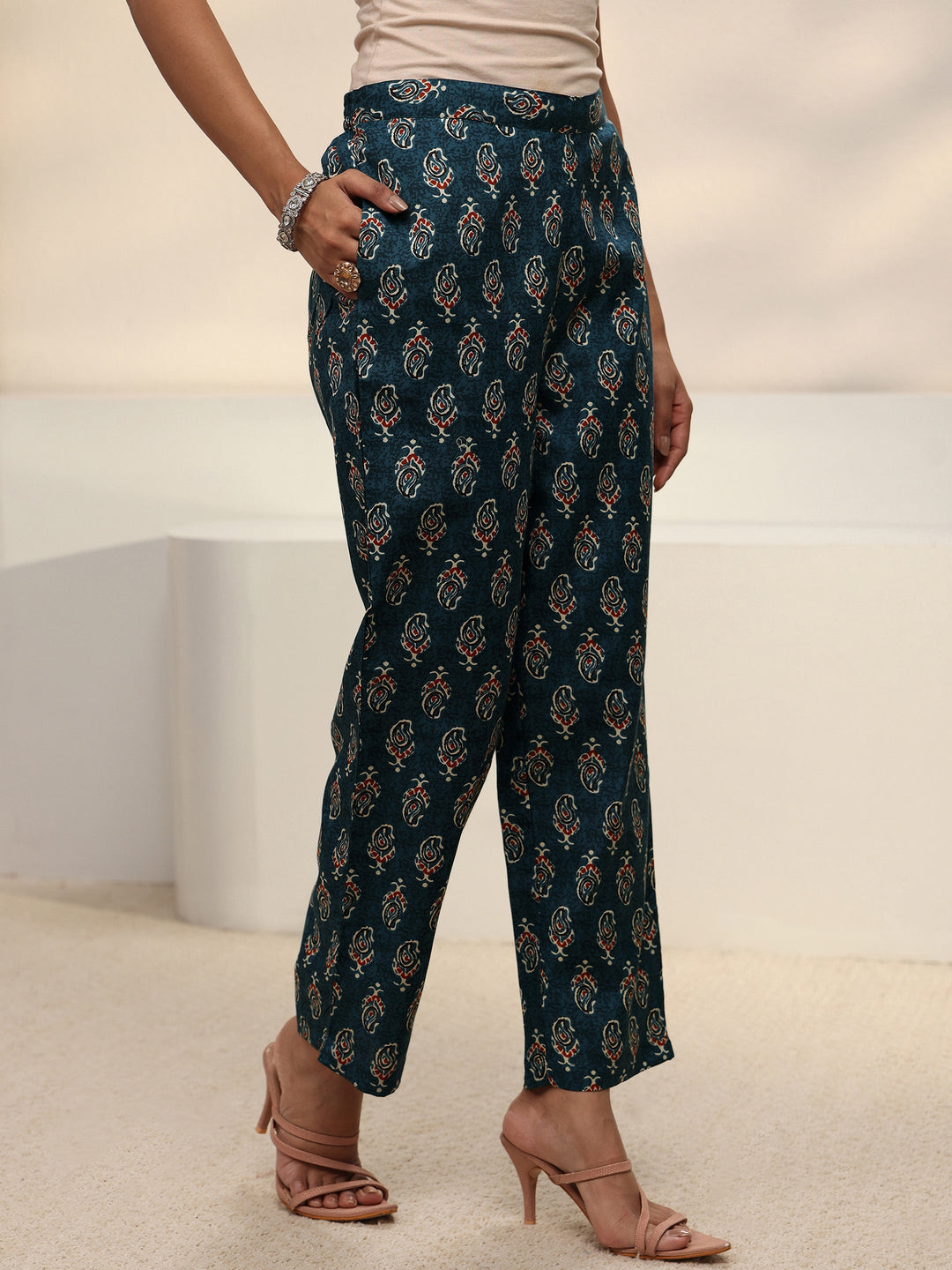  Blue Ajrakh Printed Cotton Blend Straight Suit Set With Dupatta 
