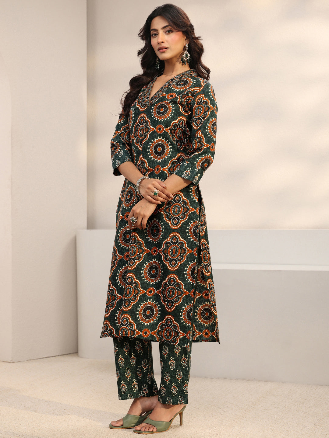 Green Ajrakh Printed Cotton Blend Straight Suit Set With Dupatta 