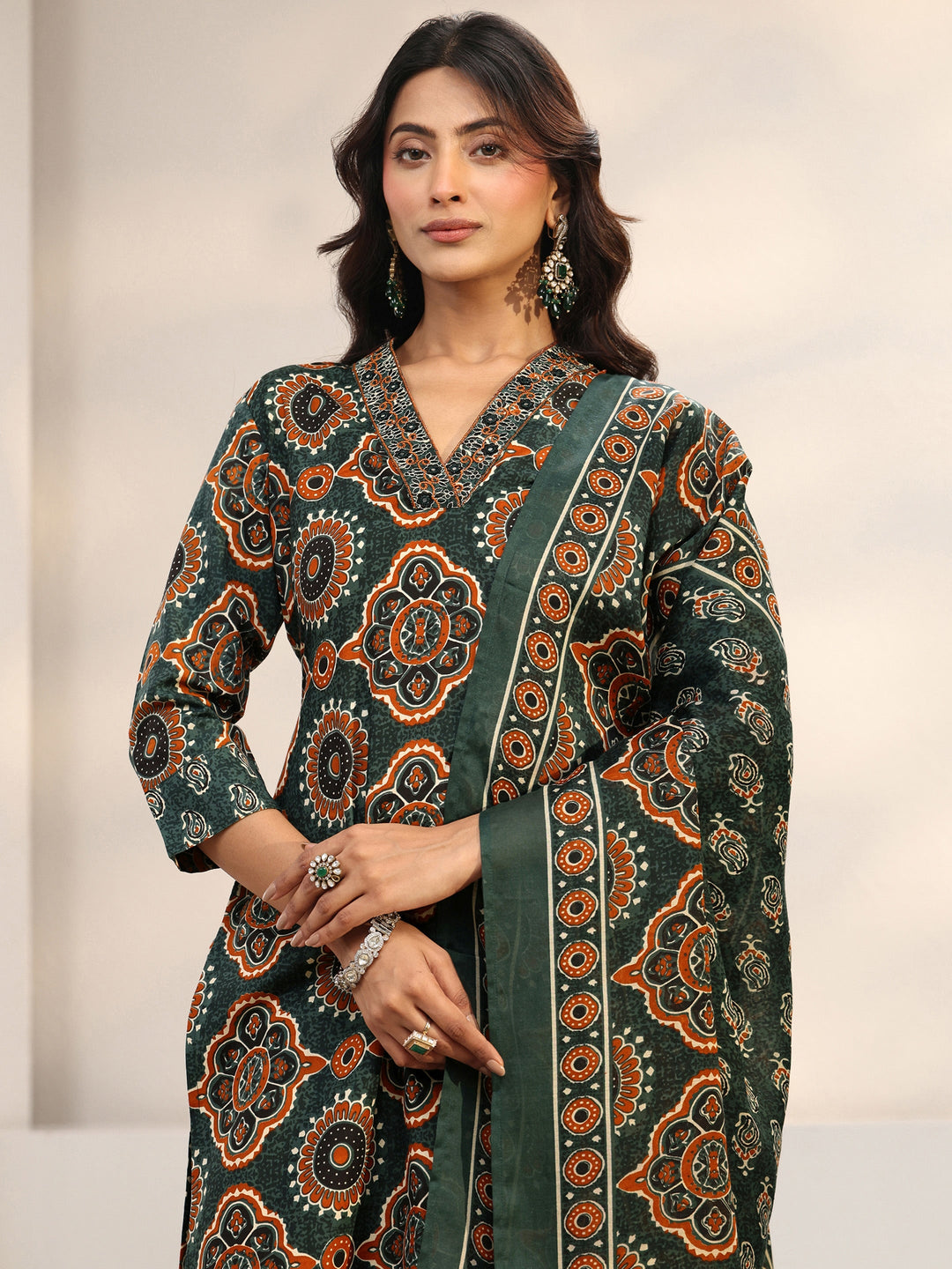  Green Ajrakh Printed Cotton Blend Straight Suit Set With Dupatta 