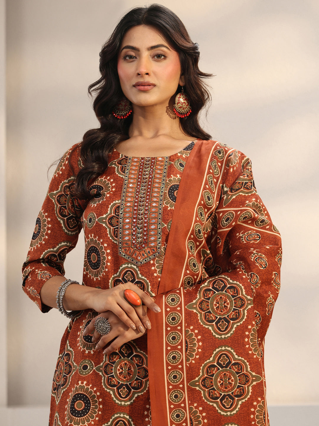  Rust Ajrakh Printed Cotton Blend Straight Suit Set With Dupatta 